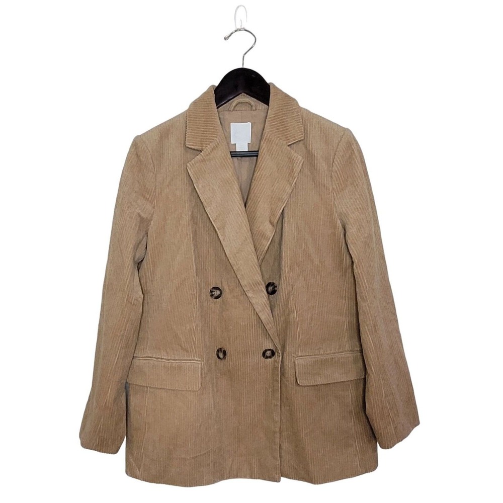 H&M Women's Size 10 Corduroy Boyfriend Blazer Double-Breasted Tan Beige Academia